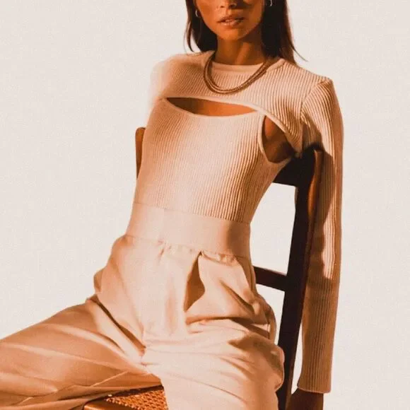 Restyled Cream Ribbed Knit Layered Bodysuit + Half Sweater Set – Size 6 / M 🤍✨ - Picture 1 of 8